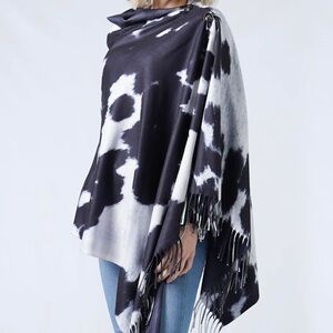 Black and White Tie-Dye Poncho with Fringe